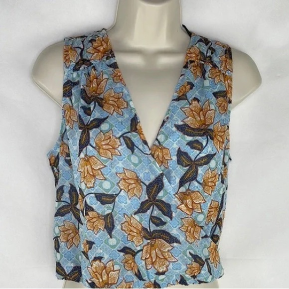 Rachel Zoe Floral Sleeveless Orange Blue and Brown Spring Blouse Top - Picture 1 of 8